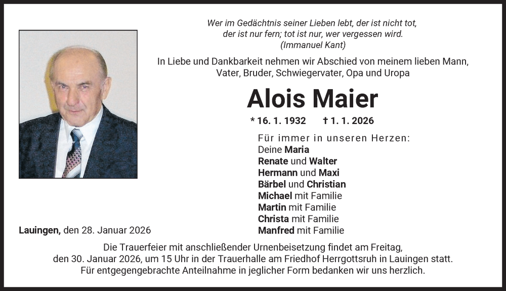  Traueranzeige für Alois Maier vom 28.01.2026 aus Donau Zeitung