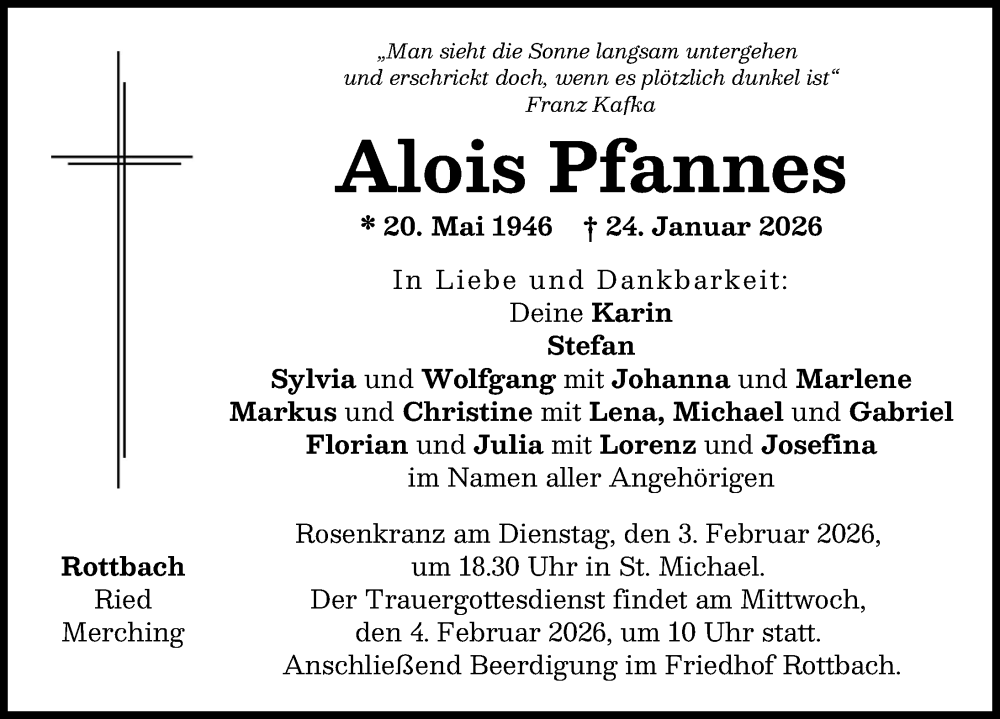  Traueranzeige für Alois Pfannes vom 31.01.2026 aus Friedberger Allgemeine
