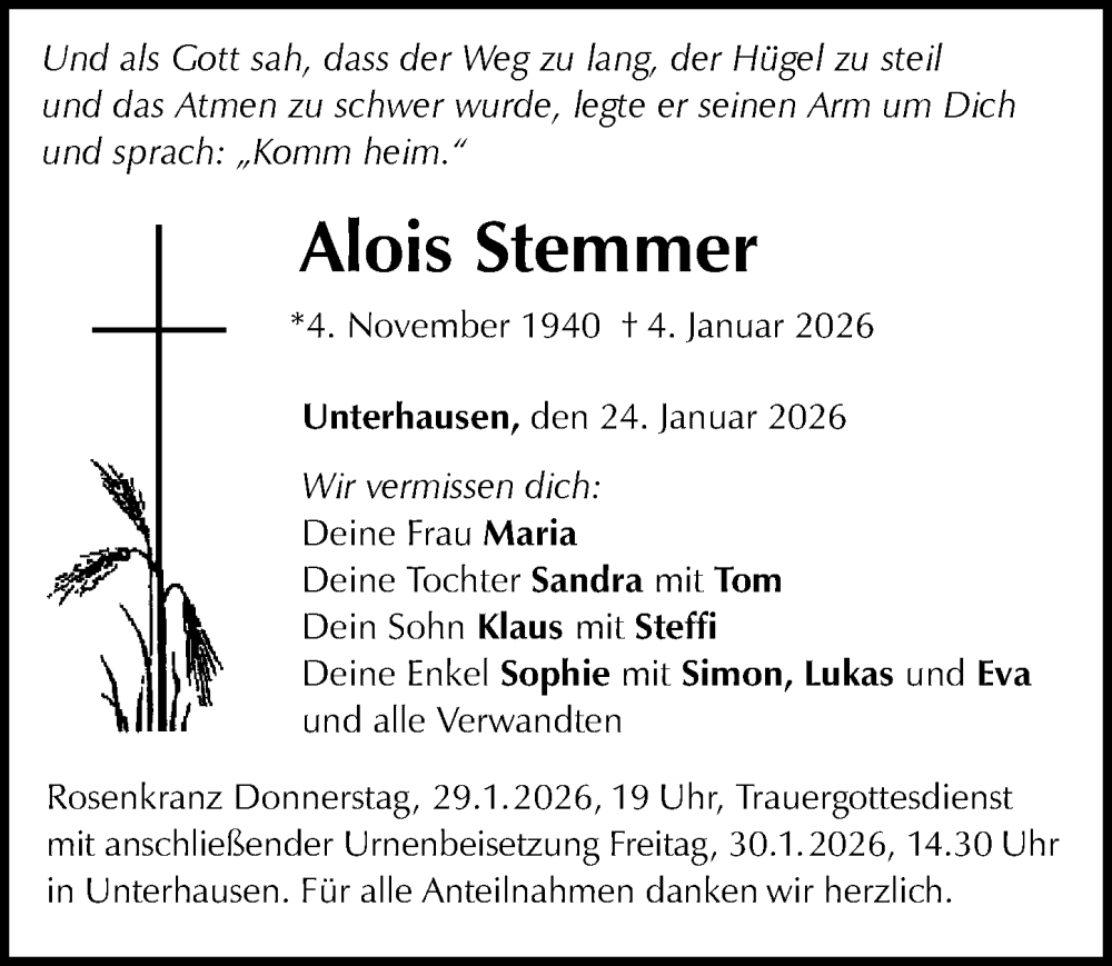  Traueranzeige für Alois Stemmer vom 24.01.2026 aus Neuburger Rundschau