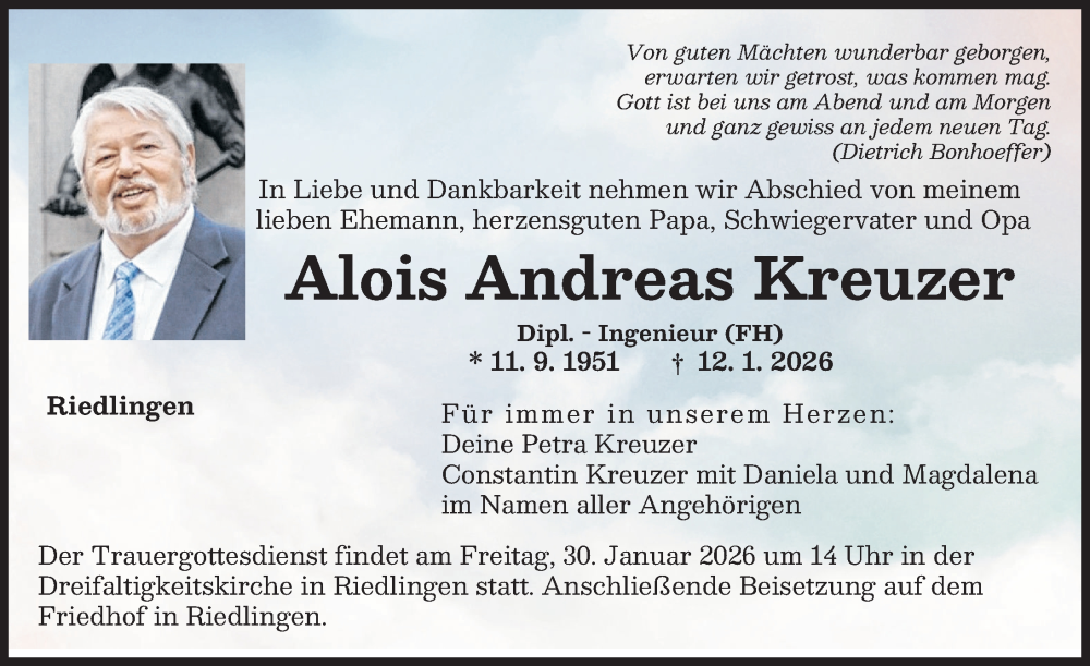  Traueranzeige für Alois Andreas Kreuzer vom 27.01.2026 aus Donauwörther Zeitung