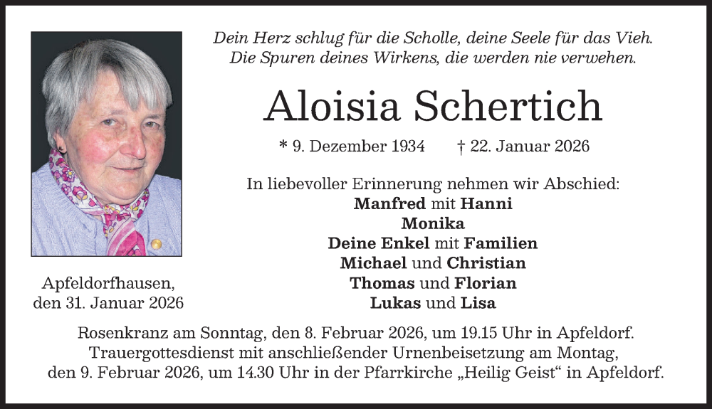  Traueranzeige für Aloisia Schertich vom 31.01.2026 aus Landsberger Tagblatt