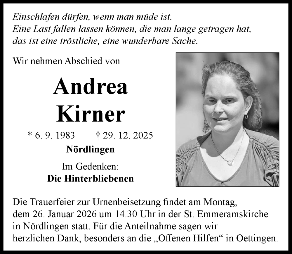  Traueranzeige für Andrea Kirner vom 24.01.2026 aus Rieser Nachrichten