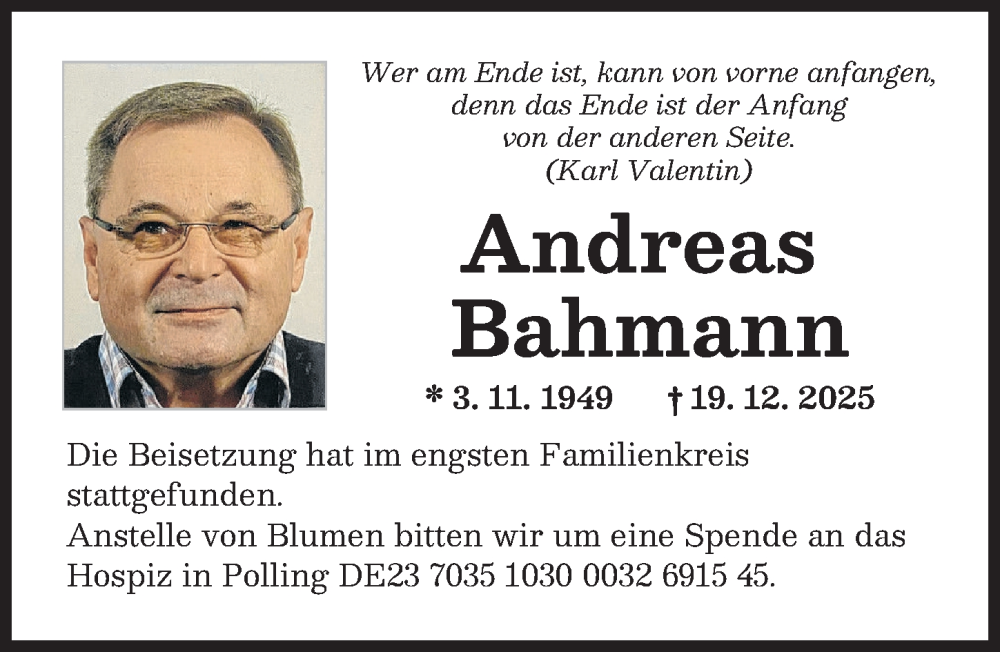  Traueranzeige für Andreas Bahmann vom 17.01.2026 aus Landsberger Tagblatt