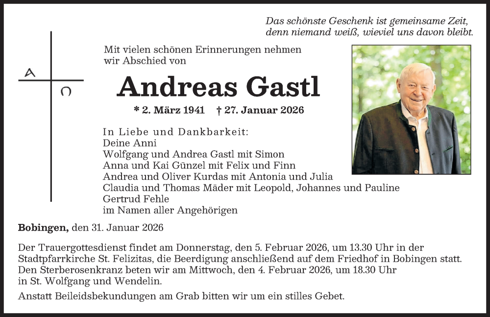  Traueranzeige für Andreas Gastl vom 31.01.2026 aus Schwabmünchner Allgemeine