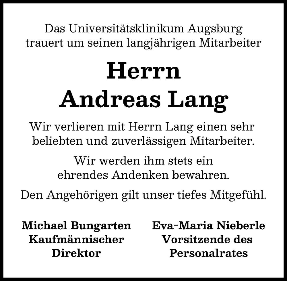  Traueranzeige für Andreas Lang vom 10.01.2026 aus Augsburger Allgemeine