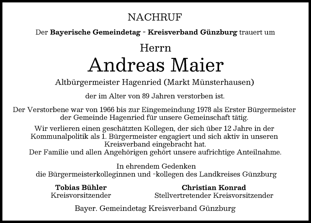 Traueranzeige für Andreas Maier vom 13.01.2026 aus Günzburger Zeitung, Mittelschwäbische Nachrichten