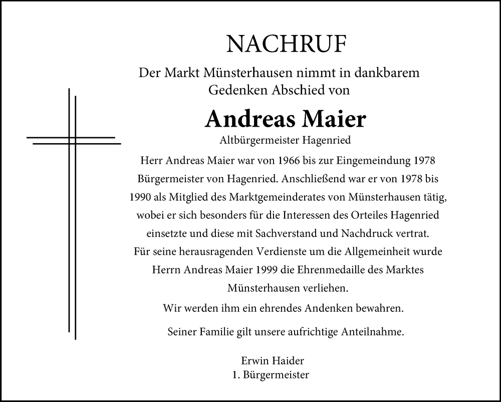  Traueranzeige für Andreas Maier vom 14.01.2026 aus Mittelschwäbische Nachrichten