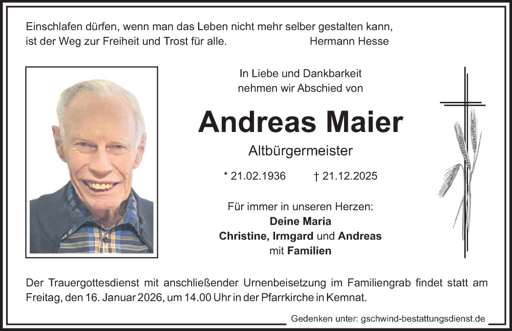  Traueranzeige für Andreas Maier vom 13.01.2026 aus Mittelschwäbische Nachrichten, Günzburger Zeitung