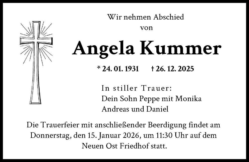  Traueranzeige für Angela Kummer vom 10.01.2026 aus Augsburger Allgemeine