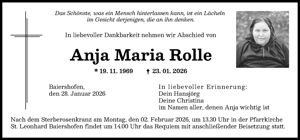  Traueranzeige für Anja Maria Rolle vom 28.01.2026 aus Augsburg-Land