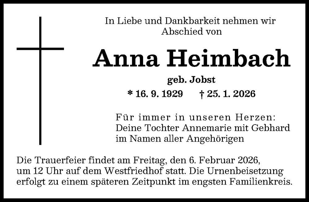  Traueranzeige für Anna Heimbach vom 31.01.2026 aus Augsburger Allgemeine