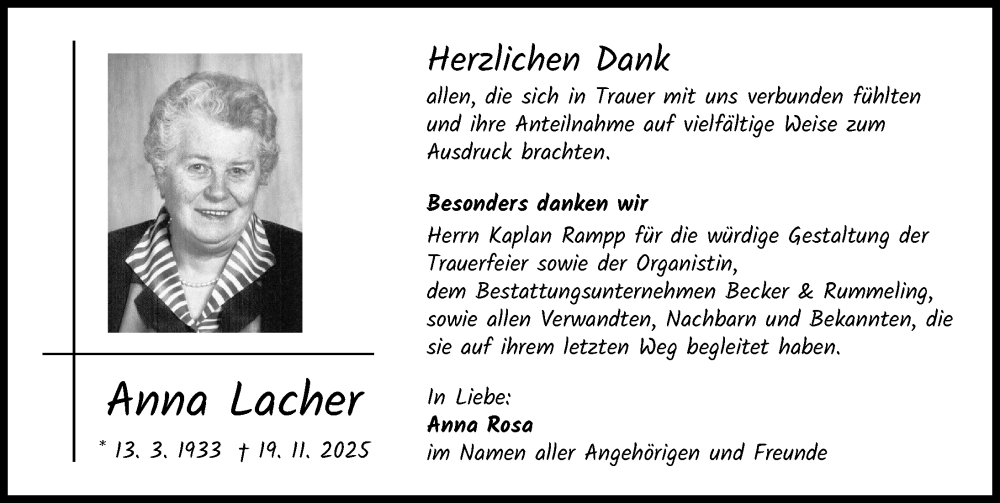 Traueranzeige von Anna Lacher von Günzburger Zeitung
