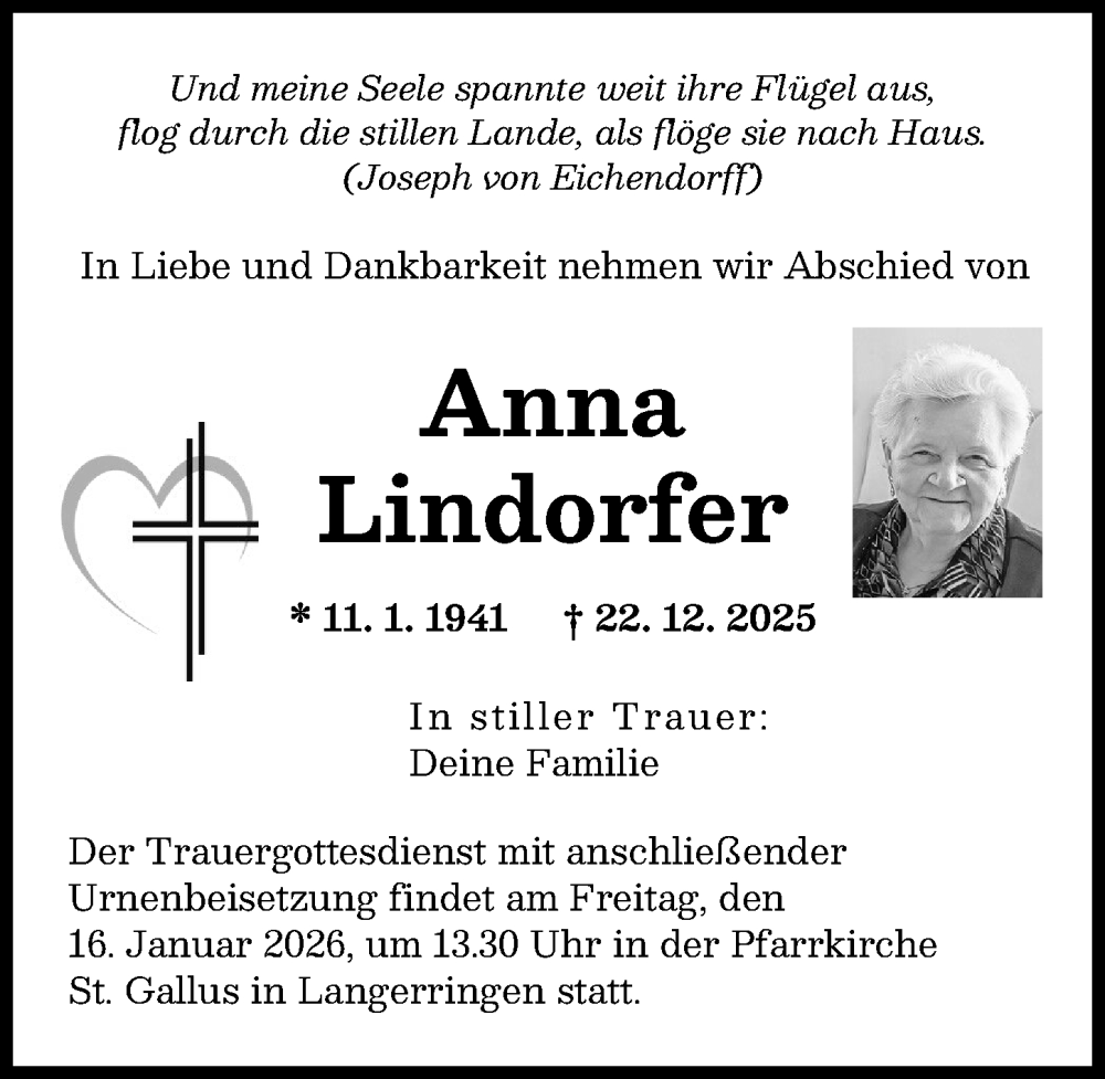 Traueranzeige von Anna Lindorfer von Schwabmünchner Allgemeine