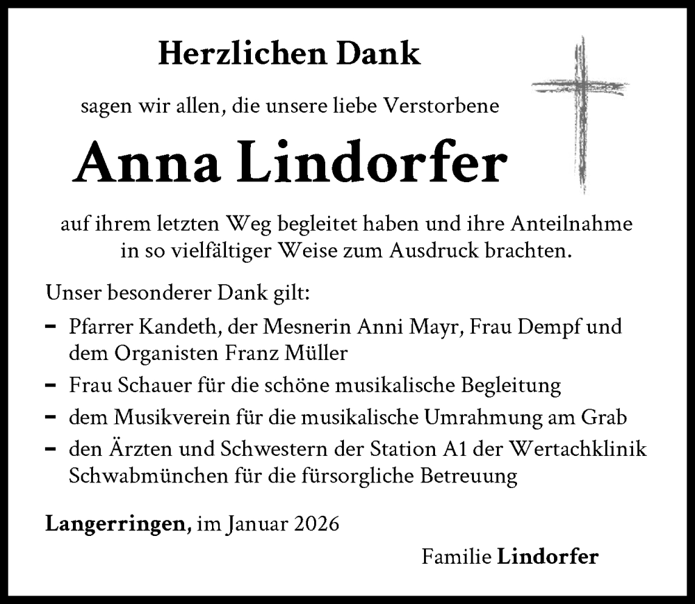 Traueranzeige von Anna Lindorfer von Schwabmünchner Allgemeine