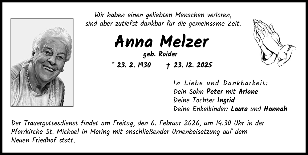  Traueranzeige für Anna Melzer vom 31.01.2026 aus Friedberger Allgemeine