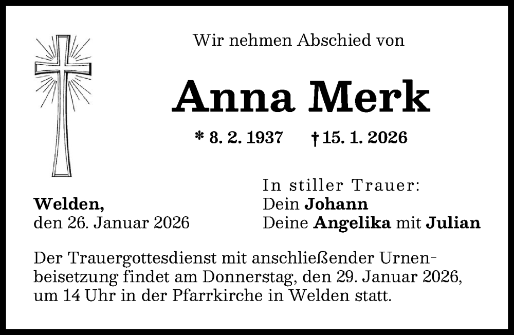  Traueranzeige für Anna Merk vom 26.01.2026 aus Augsburg-Land