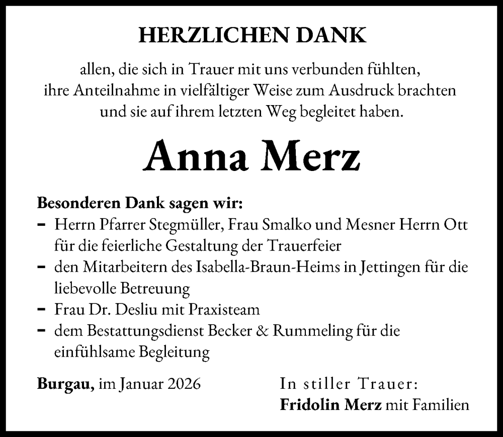 Traueranzeige von Anna Merz von Günzburger Zeitung