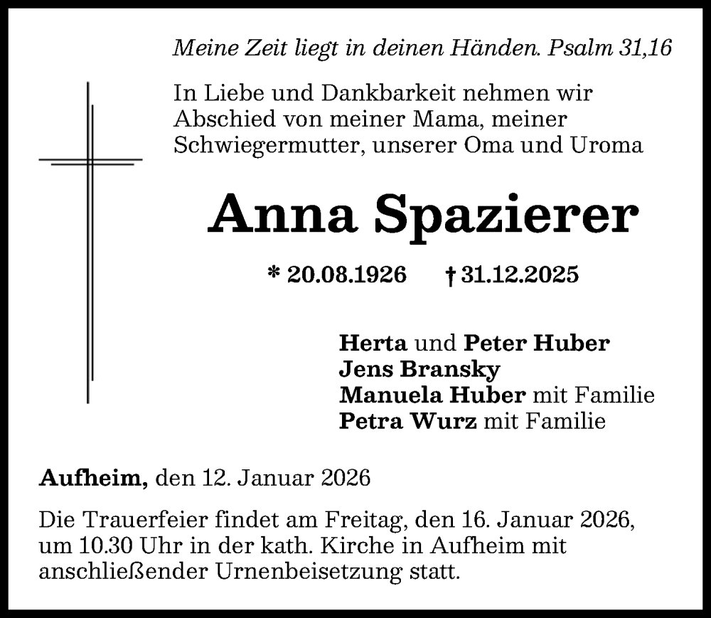 Traueranzeige von Anna Spazierer von Neu-Ulmer Zeitung