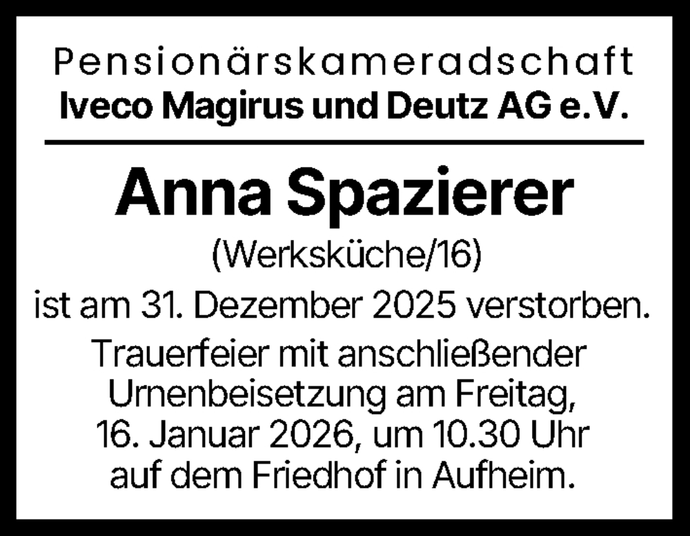 Traueranzeige von Anna Spazierer von Neu-Ulmer Zeitung, Günzburger Zeitung, Illertisser Zeitung