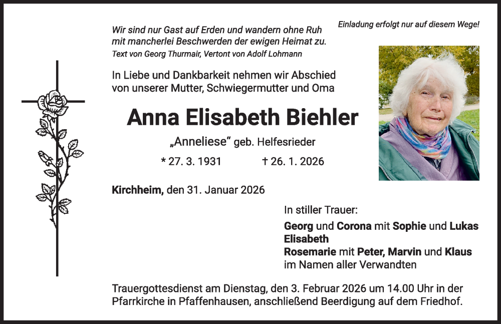  Traueranzeige für Anna Elisabeth Biehler vom 31.01.2026 aus Mindelheimer Zeitung