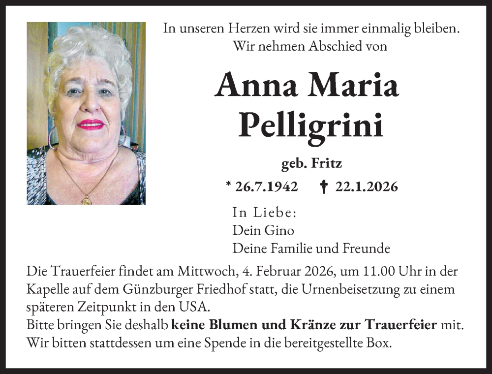  Traueranzeige für Anna Maria Pelligrini vom 31.01.2026 aus Günzburger Zeitung