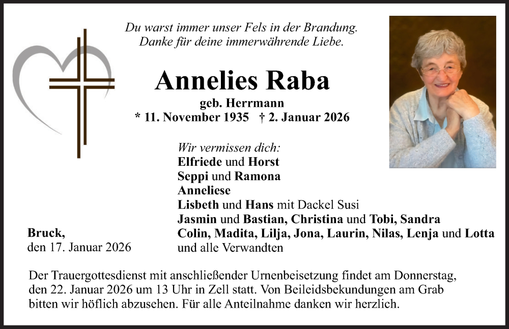  Traueranzeige für Annelies Raba vom 17.01.2026 aus Neuburger Rundschau