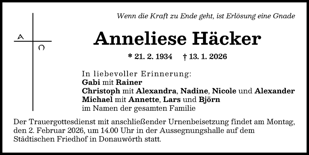  Traueranzeige für Anneliese Häcker vom 24.01.2026 aus Donauwörther Zeitung, Rieser Nachrichten