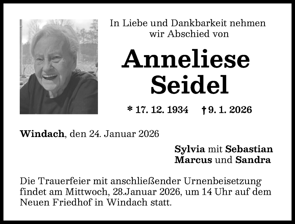  Traueranzeige für Anneliese Seidel vom 24.01.2026 aus Landsberger Tagblatt