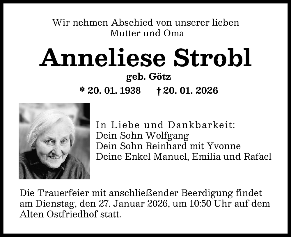  Traueranzeige für Anneliese Strobl vom 27.01.2026 aus Augsburger Allgemeine