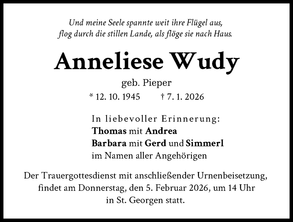  Traueranzeige für Anneliese Wudy vom 31.01.2026 aus Landsberger Tagblatt
