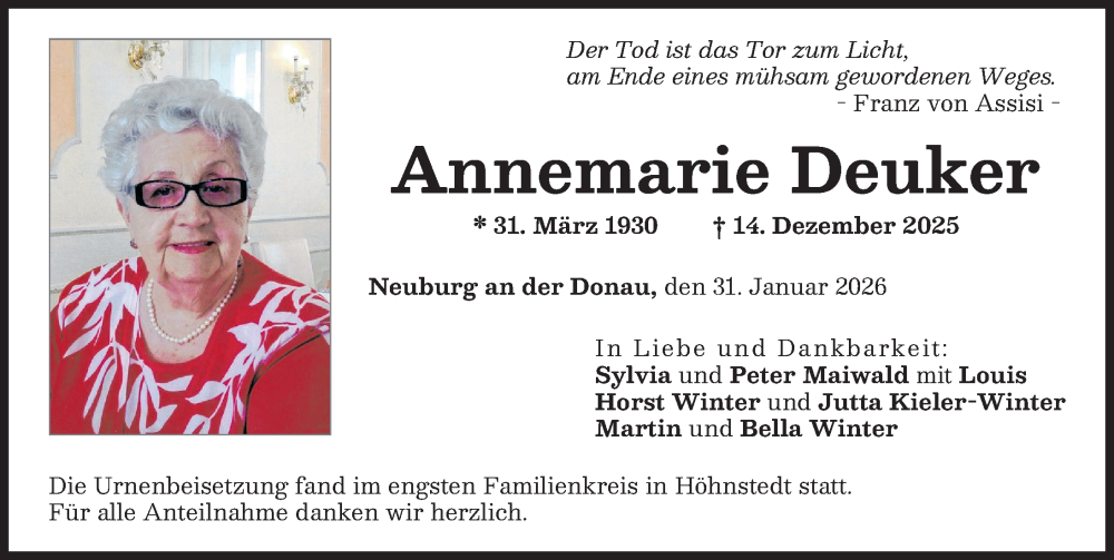  Traueranzeige für Annemarie Deuker vom 31.01.2026 aus Neuburger Rundschau