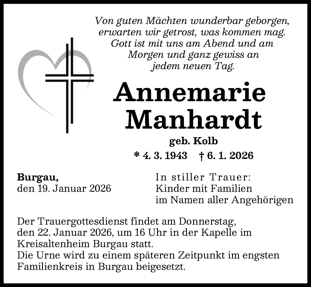  Traueranzeige für Annemarie Manhardt vom 19.01.2026 aus Günzburger Zeitung