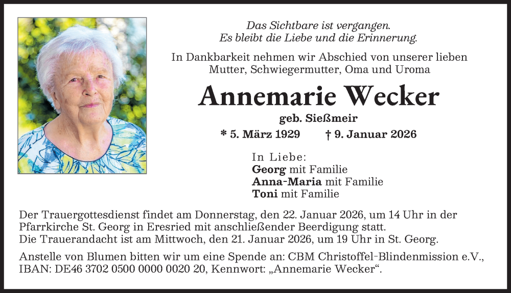  Traueranzeige für Annemarie Wecker vom 17.01.2026 aus Friedberger Allgemeine