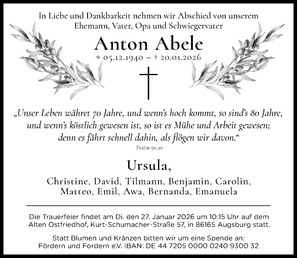 Traueranzeige von Anton Abele von Augsburger Allgemeine