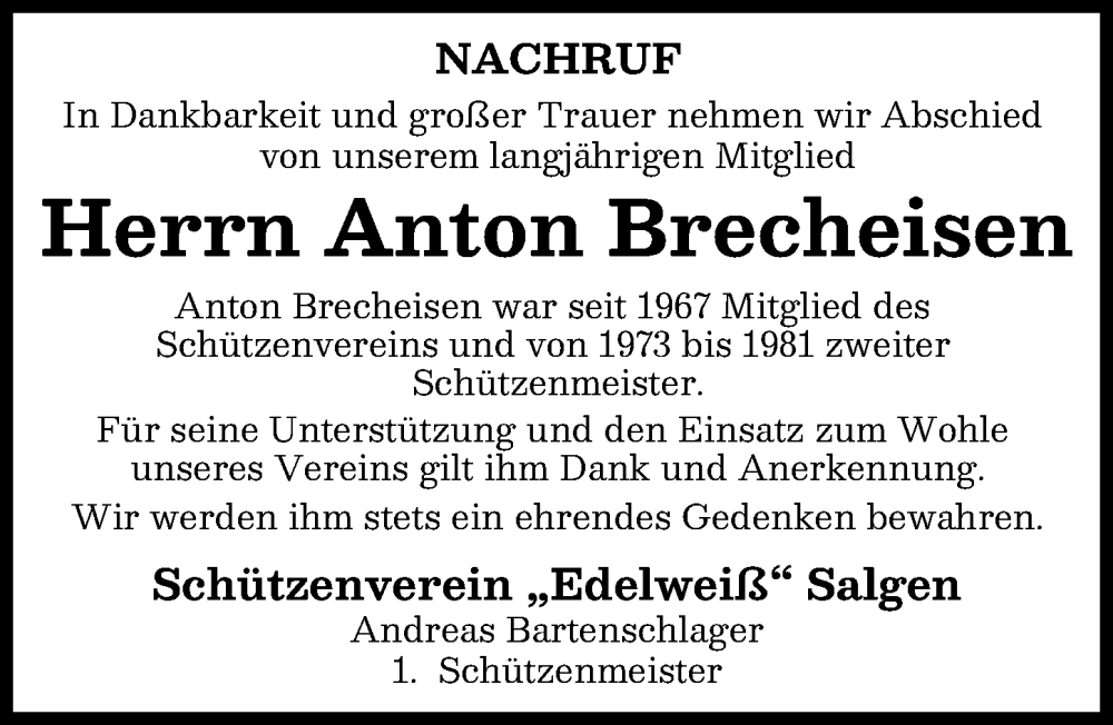  Traueranzeige für Anton Brecheisen vom 15.01.2026 aus Mindelheimer Zeitung
