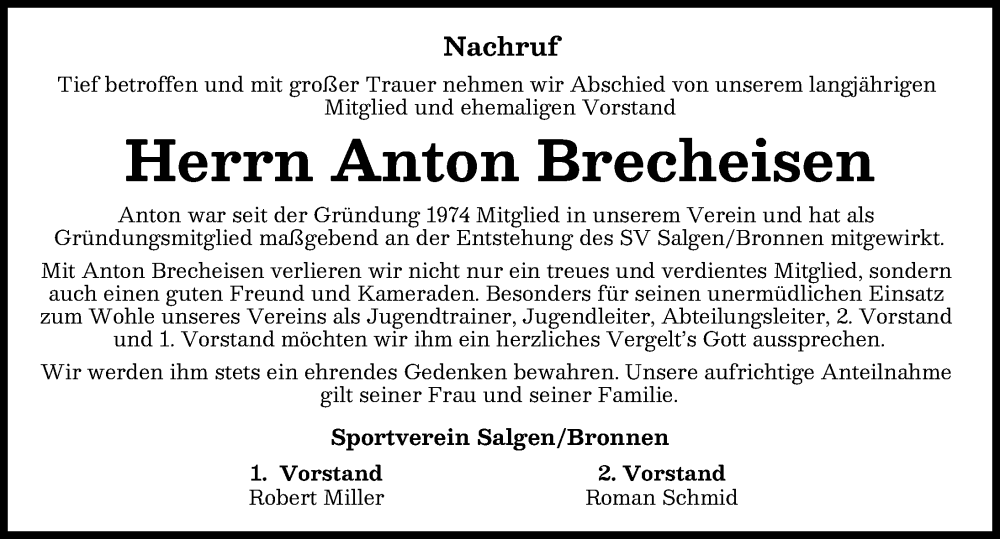 Traueranzeige von Anton Brecheisen von Mindelheimer Zeitung