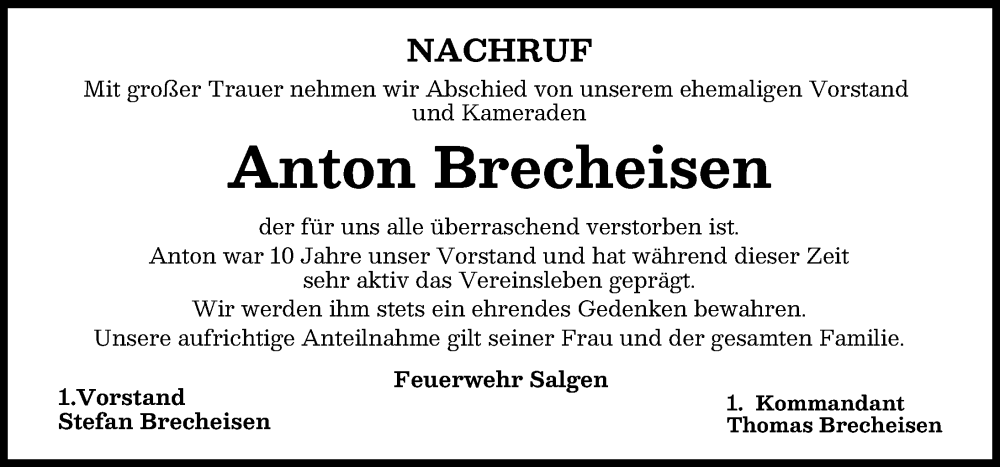  Traueranzeige für Anton Brecheisen vom 14.01.2026 aus Mindelheimer Zeitung