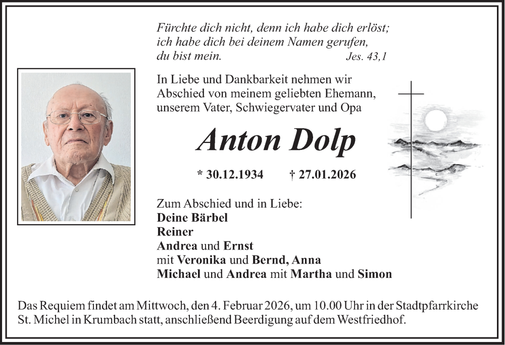  Traueranzeige für Anton Dolp vom 31.01.2026 aus Mittelschwäbische Nachrichten