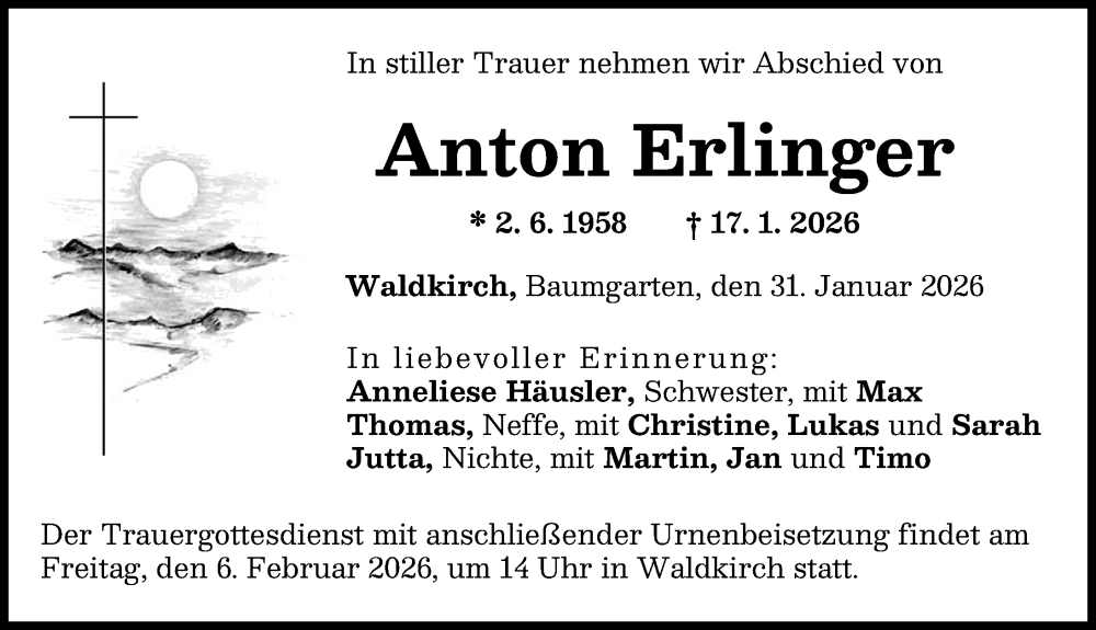  Traueranzeige für Anton Erlinger vom 31.01.2026 aus Günzburger Zeitung