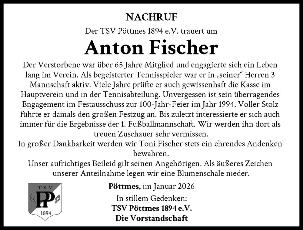  Traueranzeige für Anton Fischer vom 13.01.2026 aus Aichacher Nachrichten
