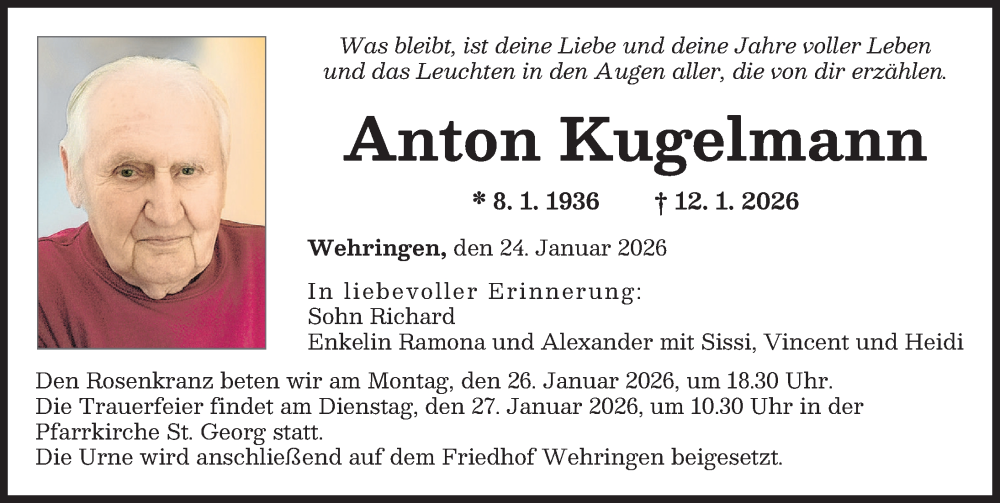  Traueranzeige für Anton Kugelmann vom 24.01.2026 aus Augsburger Allgemeine