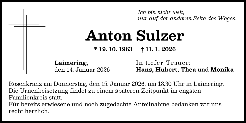  Traueranzeige für Anton Sulzer vom 14.01.2026 aus Friedberger Allgemeine