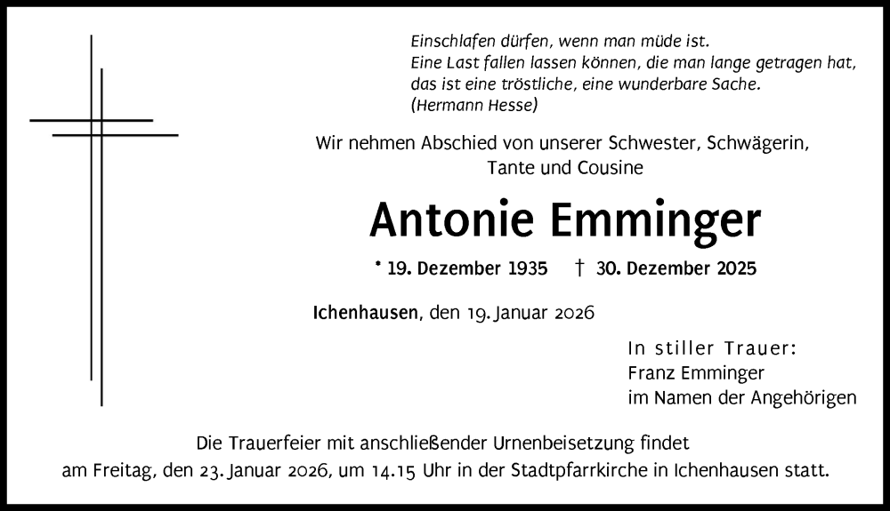  Traueranzeige für Antonie Emminger vom 19.01.2026 aus Günzburger Zeitung