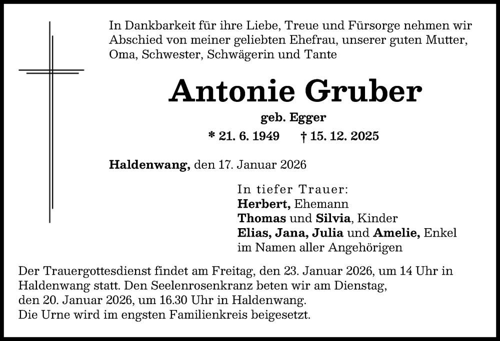  Traueranzeige für Antonie Gruber vom 17.01.2026 aus Günzburger Zeitung
