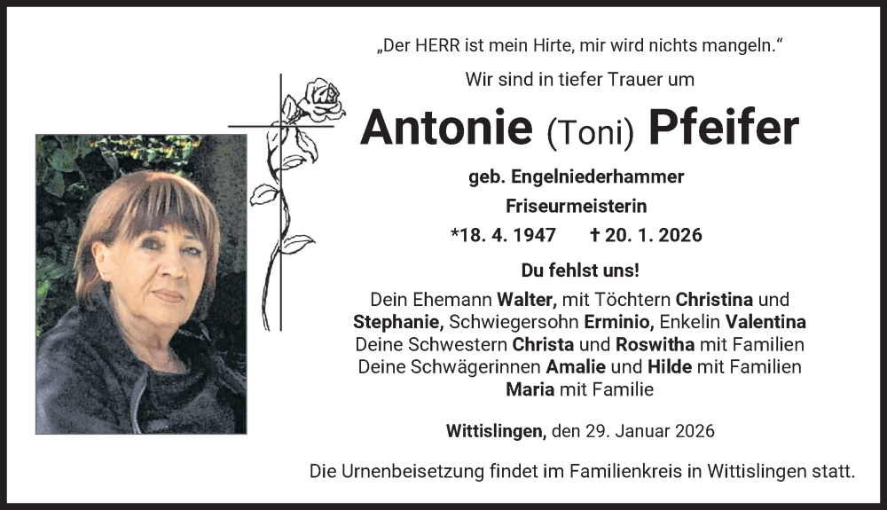  Traueranzeige für Antonie Pfeifer vom 29.01.2026 aus Donau Zeitung