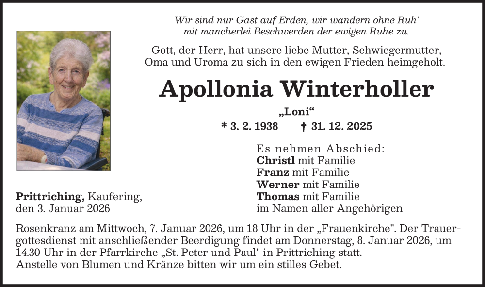  Traueranzeige für Apollonia Winterholler vom 03.01.2026 aus Landsberger Tagblatt