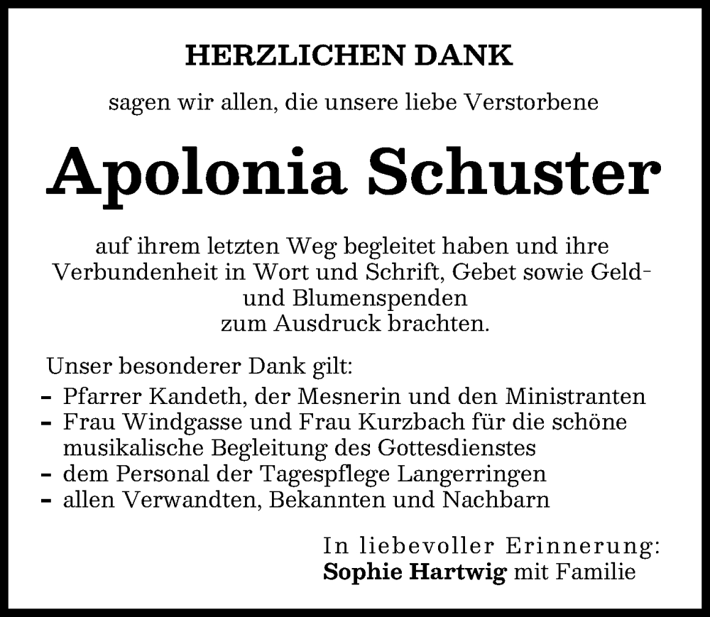 Traueranzeige von Apolonia Schuster von Schwabmünchner Allgemeine
