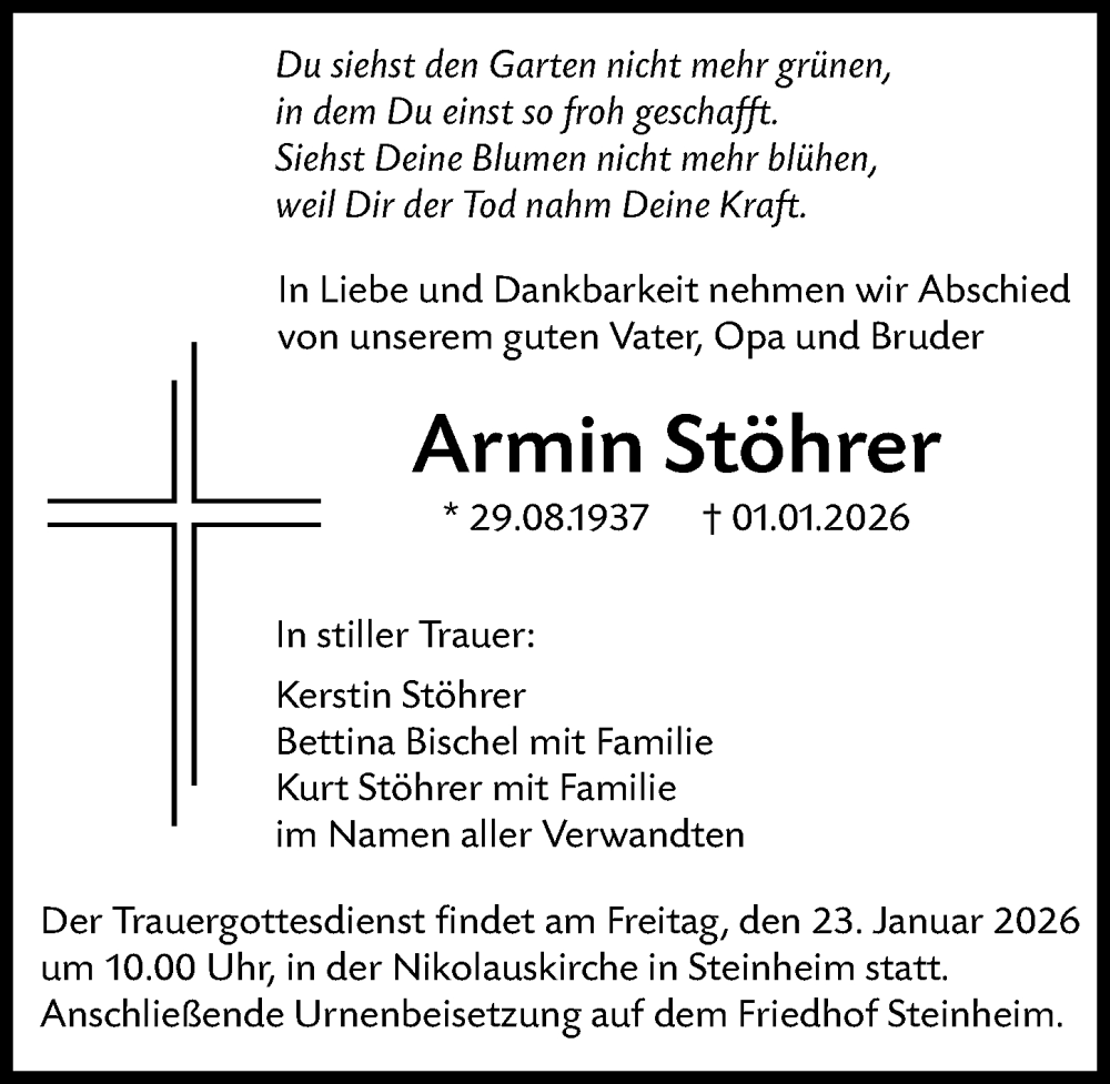  Traueranzeige für Armin Stöhrer vom 17.01.2026 aus Neu-Ulmer Zeitung, Augsburger Allgemeine