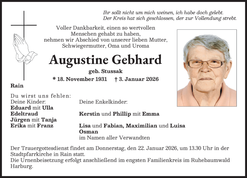  Traueranzeige für Augustine Gebhard vom 17.01.2026 aus Donauwörther Zeitung