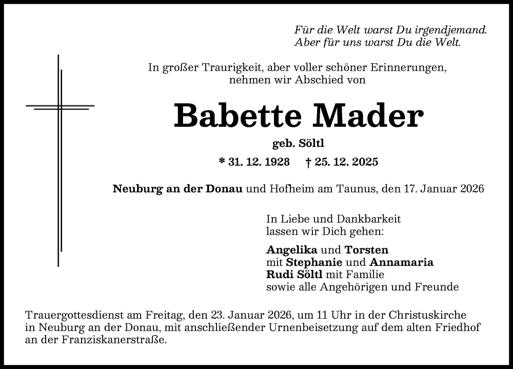  Traueranzeige für Babette Mader vom 17.01.2026 aus Neuburger Rundschau